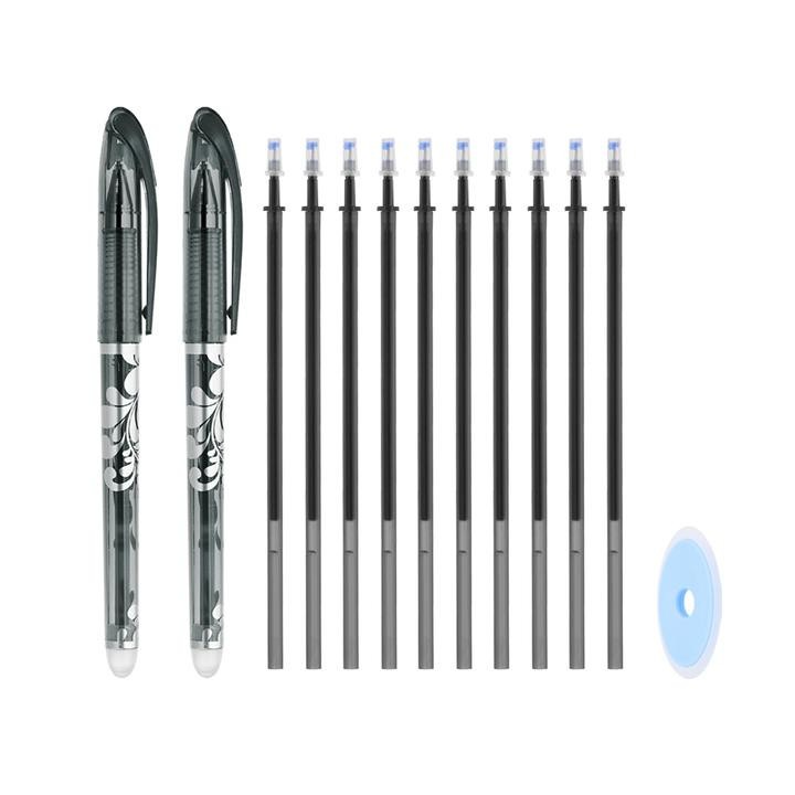 Gél toll készlet radírral, 2 darab, 10 utántöltő, fekete tinta, 0.5mm