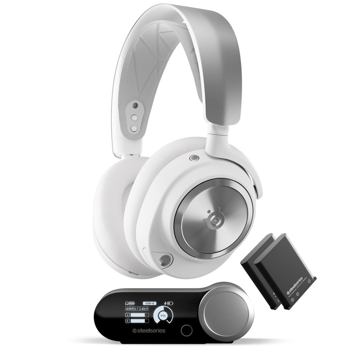 Геймърски слушалки SteelSeries Arctis Nova Pro Wireless, активно шумопотискане, микрофон, бели