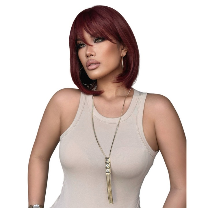 Peruca Bob Burgund de 12 inci cu breton complet, potrivita pentru uz zilnic si petreceri