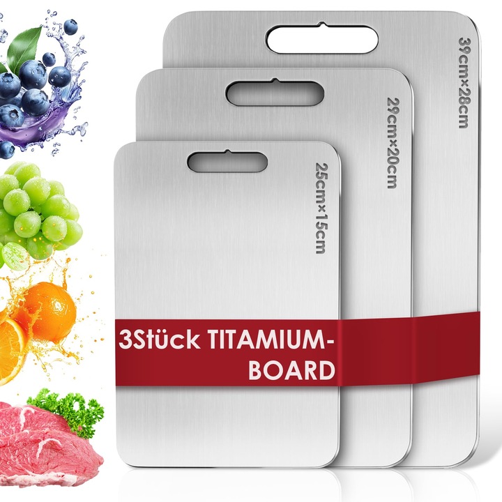 Set de 3 tocătoare CUBTEM din titan și oțel inoxidabil S316, fără BPA, colorate