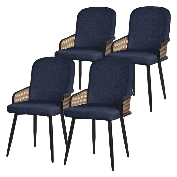 4x ML-Design étkezőszék sötétkék színben, szövet huzat, ergonomikus kárpitozott háttámla, rattan hatású kartámaszok fém lábakkal, nappali/konyhabútor, étkező fotel