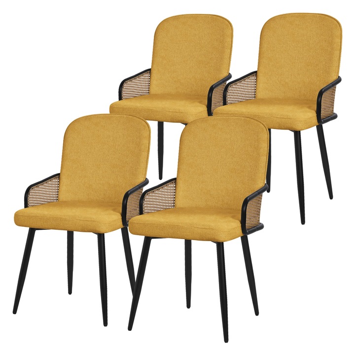 4x Scaune de sufragerie ML-Design in culoare mustar, husa din tesatura, spatar tapitat ergonomic, cotiere cu aspect de ratan cu picioare din metal, mobilier de salon / bucatarie, fotoliu dining