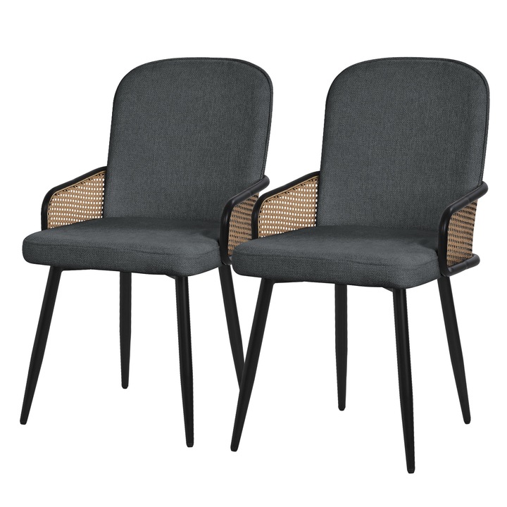 2x Scaune de sufragerie ML-Design in culoare antracit, husa din tesatura, spatar tapitat ergonomic, cotiere cu aspect de ratan cu picioare din metal, mobilier de salon / bucatarie, fotoliu dining
