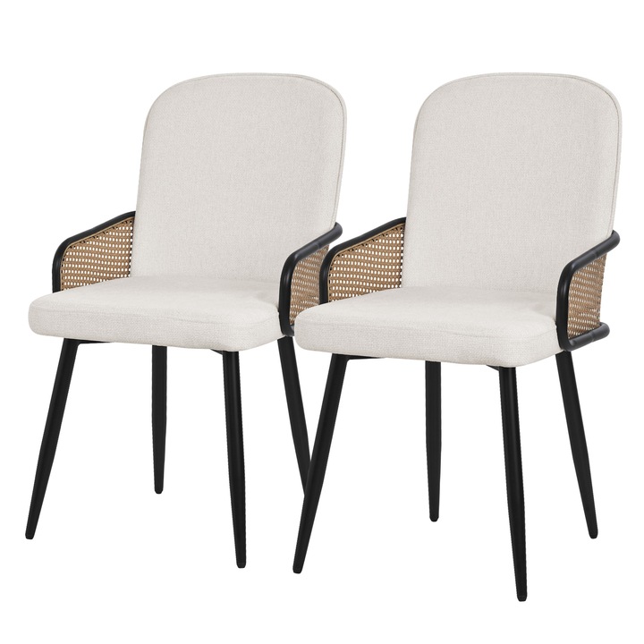 2x Scaune de sufragerie ML-Design in culoare beige, husa din tesatura, spatar tapitat ergonomic, cotiere cu aspect de ratan cu picioare din metal, mobilier de salon / bucatarie, fotoliu dining