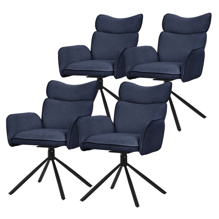 4x ML-Design 360°-ban forgatható étkezőszék sötétkék színben, szövet huzattal, karfával és ergonomikus háttámlával, kárpitozott fém lábakkal, nappali/konyhabútor, étkező fotel