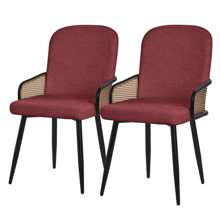 2x Scaune de sufragerie ML-Design in culoare rosu, husa din tesatura, spatar tapitat ergonomic, cotiere cu aspect de ratan cu picioare din metal, mobilier de salon / bucatarie, fotoliu dining