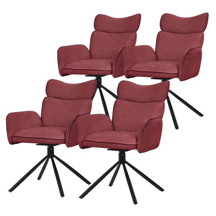 4x 360°-ban forgatható ML-Design étkezőszék piros színben, szövet huzattal, karfákkal és ergonomikus háttámlával, fém lábakkal kárpitozva, nappali/konyhai bútor, étkező fotel