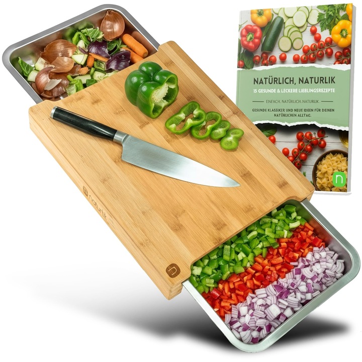 Tocator alimente Naturlik XL bambus cu tava de colectare, dreaptunghiular, 30x45cm
