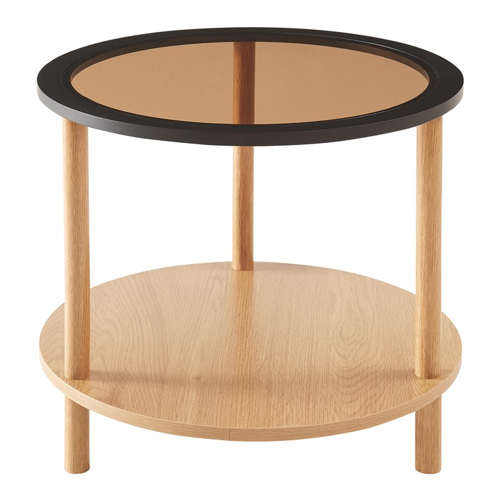 Masuta, en.casa, Latama, 51 x 45 cm, bambus, mdf, sticla, culoarea bronzului, negru, rotunda, cu suprafata depozitare