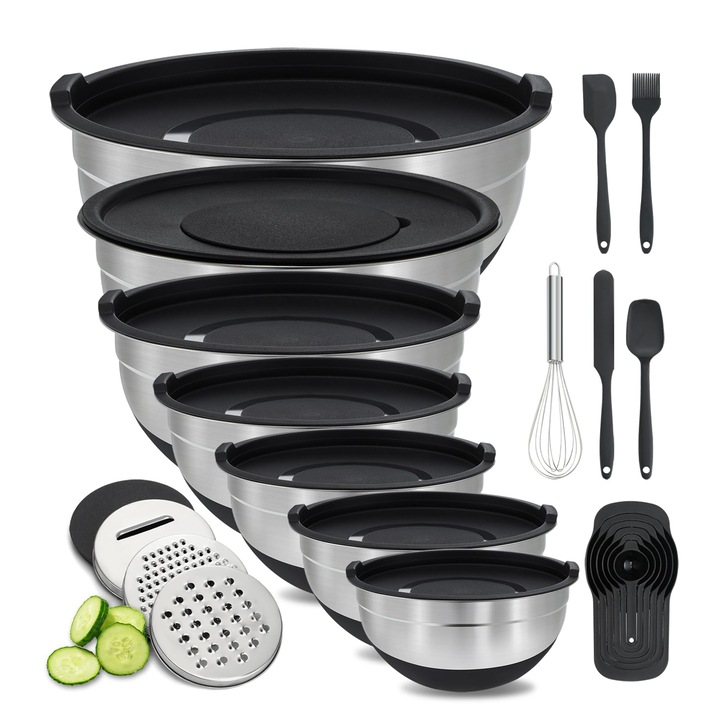 Set de boluri de amestecat BEWOS, inox, 7 piese, antiderapant, dimensiuni 4x5cm, 4x3.5cm, 2x1.5cm