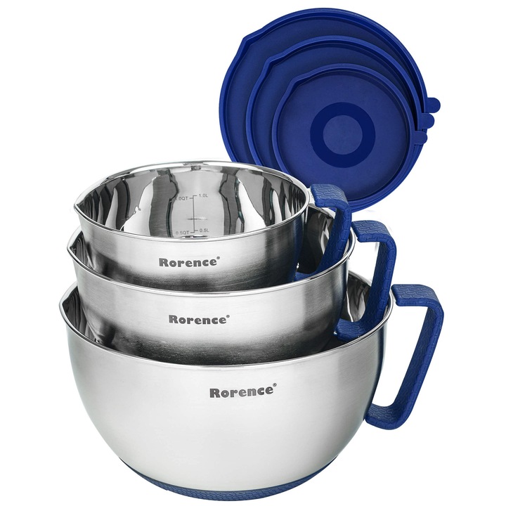 Set de boluri de amestecat Rorence din otel inoxidabil antiderapante, albastru, 1, 4L x 2, 8L x 4, 7L