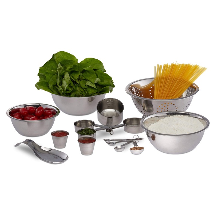 Set de bucatarie Relaxdays, 15 piese, boluri de amestecat, strecurătoare, oțel inoxidabil, argintiu