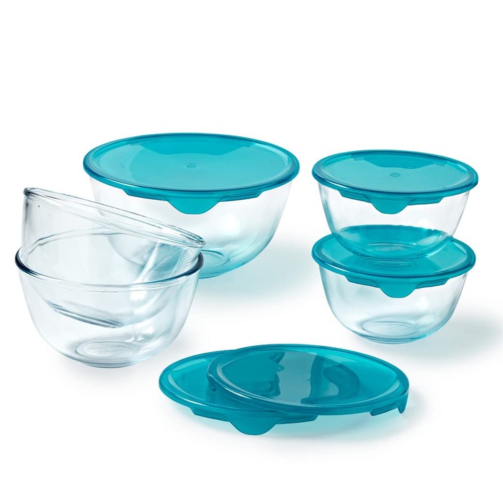 Set 5 boluri Pyrex din sticlă borosilicată cu capac, 2x0, 5L + 2x1L + 1x2L, fără BPA