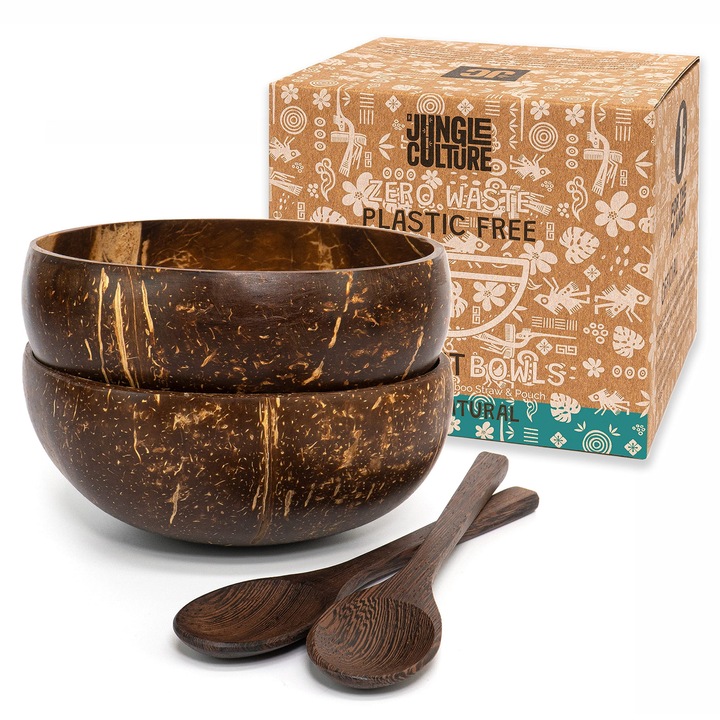 Set de 2 boluri din nuca de cocos Jungle Culture, cu linguri de lemn, paie de bambus, natural, vegan