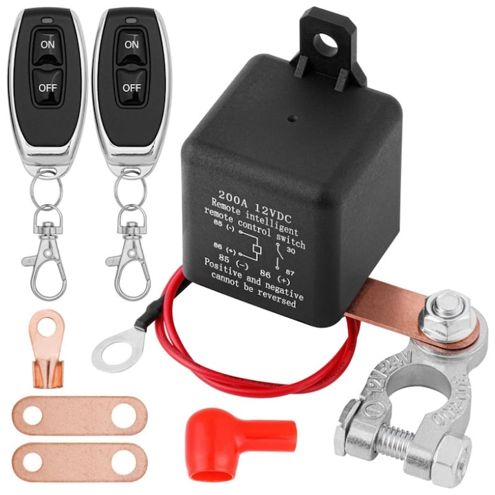 Set Intrerupator Deconectare Baterie Auto, 12V, 200A, cu 2 Telecomenzi, Previne Descarcarea Bateriei, Securitate Ridicata, Protectie Motor, Pentru autoturisme, SUV-uri, camioane si autocarane, AjieQaQ®, Negru