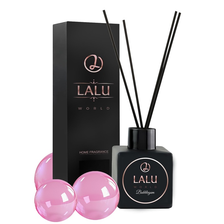 Difuzor De Parfum, Lalu World, Parfum Guma De Mestecat, Betisoare Din Ratan, Sticla Eleganta, Compozitii Parfumate De Inalta Calitate, Durabilitate Indelungata A Parfumului, Capacitate 110 ml, Negru
