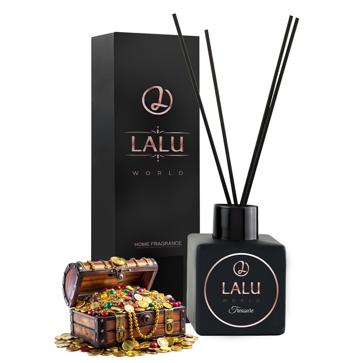 Difuzor De Parfum, Lalu World, Parfum Treasure, Betisoare Din Rattan, Sticla Eleganta, Compozitii De Parfum De Inalta Calitate, Durabilitate Indelungata A Parfumului, Capacitate 110 ml, Negru