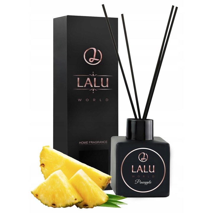 Difuzor De Parfum, Lalu World, Parfum Ananas, Bete Din Ratan, Sticla Eleganta, Compozitii Parfumate De Inalta Calitate, Durabilitate Indelungata A Parfumului, Capacitate 110 ml, Negru