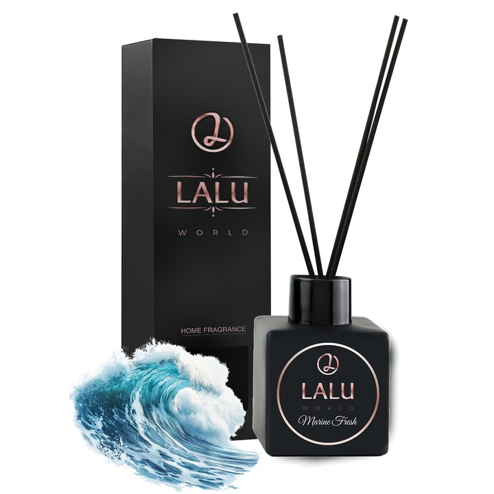 Difuzor De Parfum, Lalu World, Parfum Marine Fresh, Betisoare Din Ratan, Sticla Eleganta, Compozitii De Parfum De Inalta Calitate, Durabilitate Indelungata A Parfumului, Capacitate 110 ml, Negru