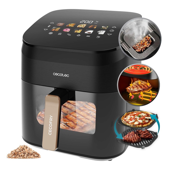 Фритюрник с горещ въздух CECOTEC Cecofry&Grill Smokin' 6500, 6,5 л, 2200W, контрол на температурата 40-200°C, вграден опушвач