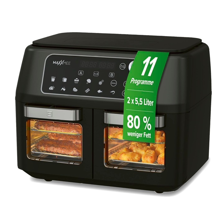 Friteuză cu aer Maxxmee, cameră dublă, 11 litri, 2 compartimente de 5, 5 litri, panou de control digital, fereastră de vizualizare