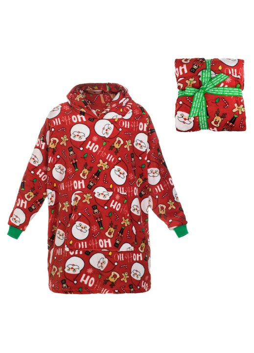 Hanorac Poncho, Tematica de Craciun, Mos Craciun, One Size Adult, Rosu, plus moale, cu buzunar si gluga
