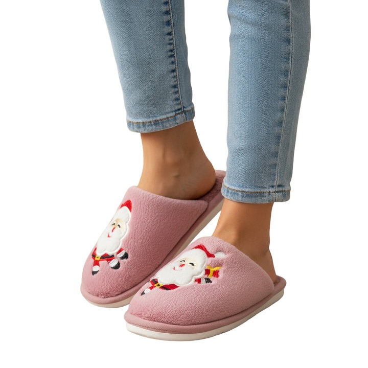 Papuci de casa cu motive Craciun L765roz 122160, Roz, 40-41