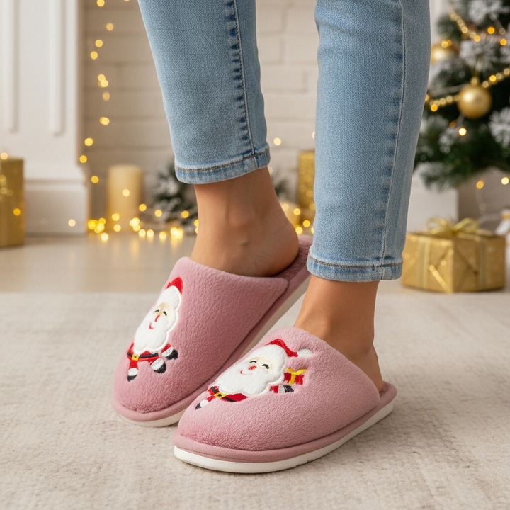 Papuci de casa cu motive Craciun L765roz 122160, Roz, 38-39