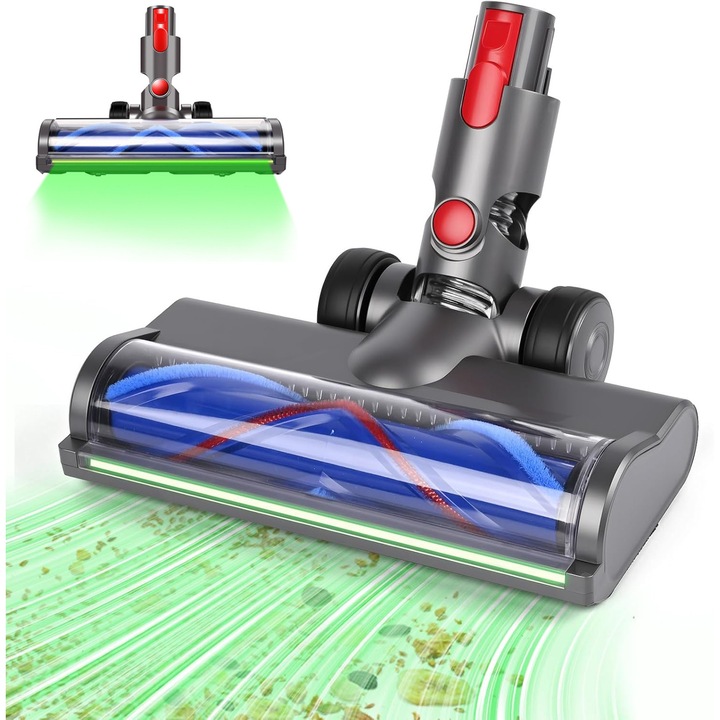 Perie Turbo pentru aspirator Dyson V7 V8 V10 V11 V15, YOUKUKE®, cu LED verde cu banda lunga, se roteste flexibil la 180° de la stanga la dreapta si 90° din fata in spate, pentru marmura, gresie, gresie neteda, laminat, podele din lemn