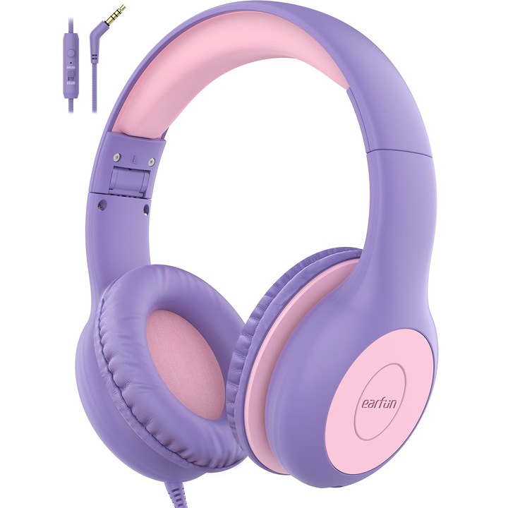 Casti over-ear pentru copii, EarFun, pliabile, violet, cu fir