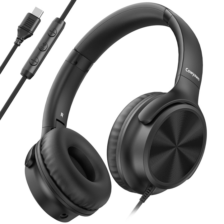 Casti cu fir Cowyawn, USB-C, over-ear, pliabile, negre