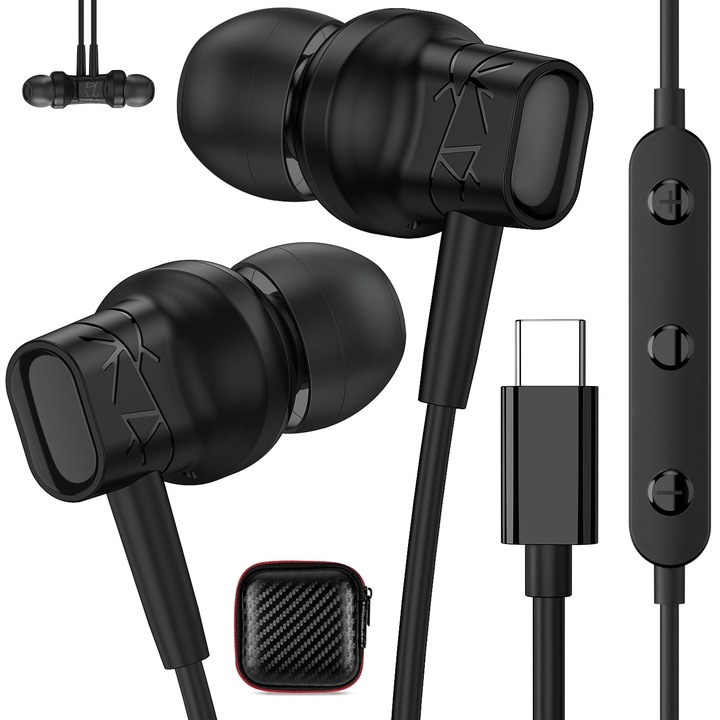Casti Intraauriculare USB-C, ASKUBSKU, Magnetic, Stereo Hifi, Culoare albă