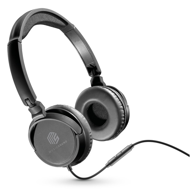 Căști Over-Ear cu Fir Music Sound, Negre, Cablu Anti-Incurcare 1, 2m, Microfon Integrat