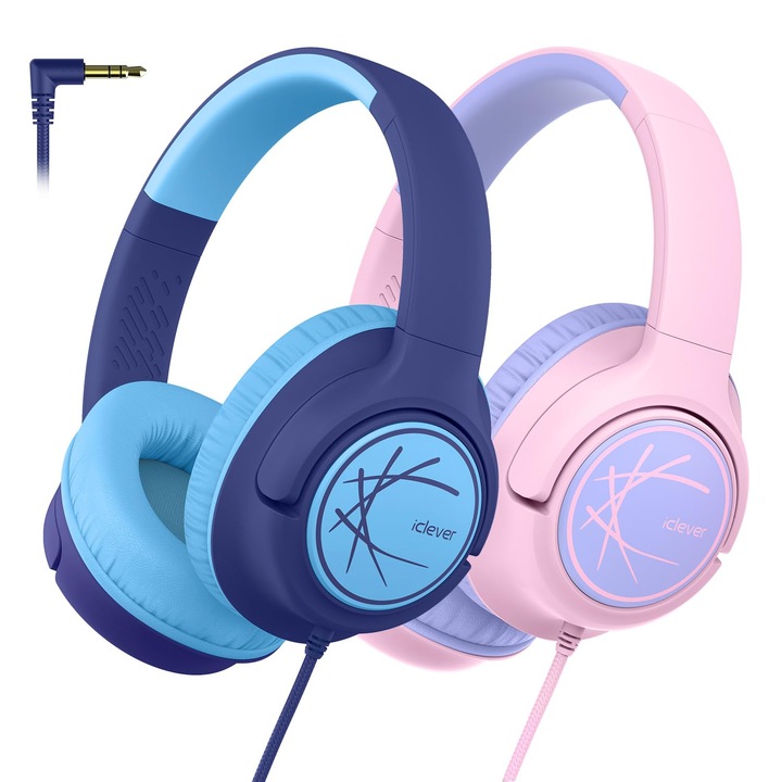 Casti cu fir pentru copii, iClever, set 2 buc., sunet stereo, pliabile, 3, 5 mm