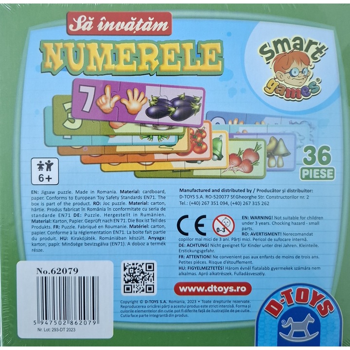 Tanuljuk meg a számokat, Dtoys, puzzle játék 36 darab, kis doboz 17x17cm