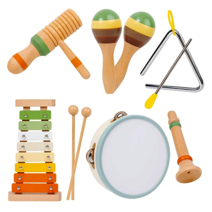 Set Muzical din Lemn pentru Copii – Xilofon, Tamburina, Triunghi si Maracasuri – Jucarie Educativa Montessori