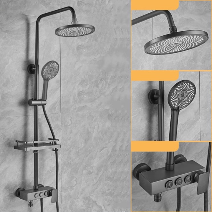 Luxus teljes zuhanyrendszer, digitális hőmérséklet kijelző, 4 permetezési mód, rozsdamentes acél, szürke