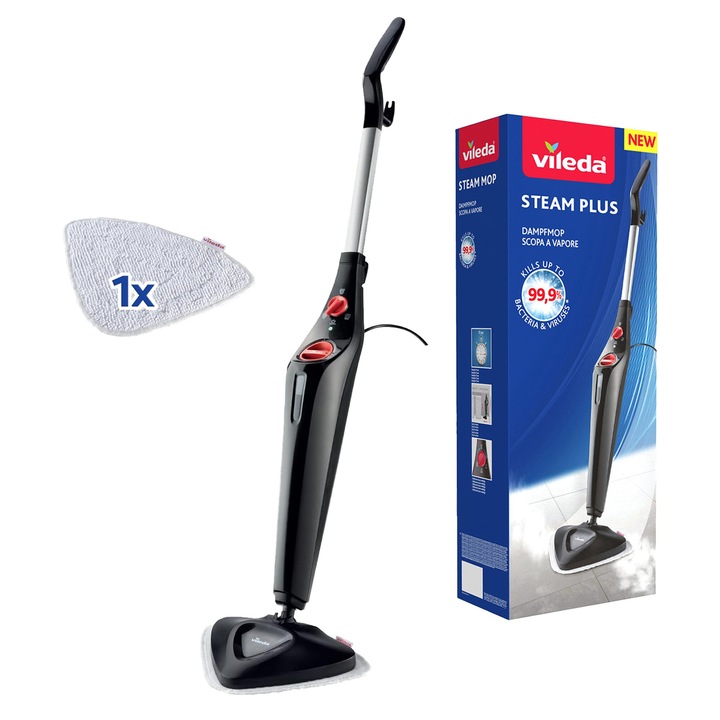 Vileda Steam Plus gőztisztító, mikroszálas kendő, 1500W, 1l, minden padlótípushoz