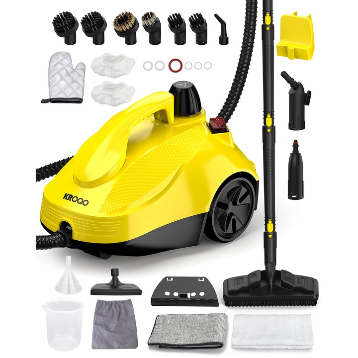 Aparat de curățat cu abur KROQO, 23 accesorii, 1500 W, 1.2 l, culoare albă