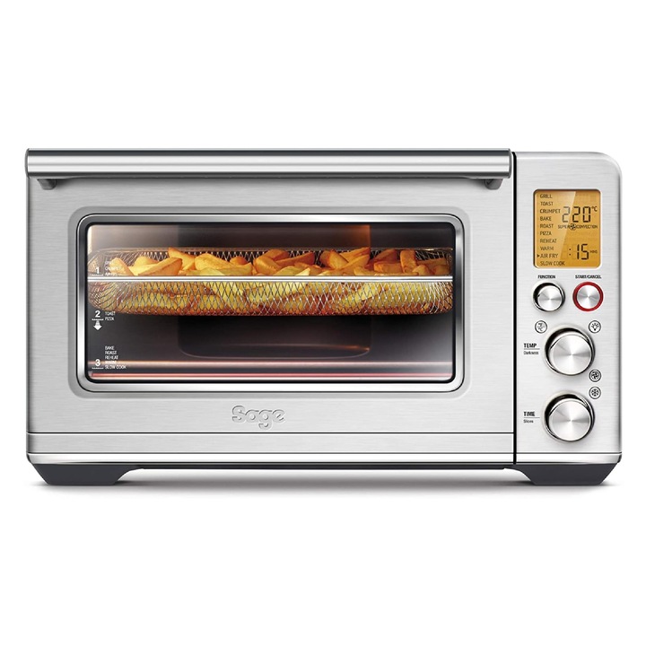 Sage - Cuptor Inteligent Cu Aer Cald - Cuptor De 22L Cu Friteuza Cu Aer Cald - 10 Presetari, Pana La 230°C - Prajitor De Paine Cu 6 Felii, Cuptor De Pizza De 30 Cm, Cuptor Pentru Pui Intreg, Tava De Copt Pentru Briose - Otel Inoxidabil Periat