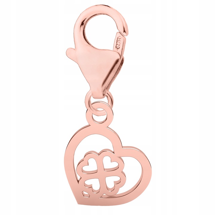 Pandantiv in forma de inima cu trifoi, argint 925, acoperit cu aur roz, 19x9mm, set complet cu cutie de bijuterii