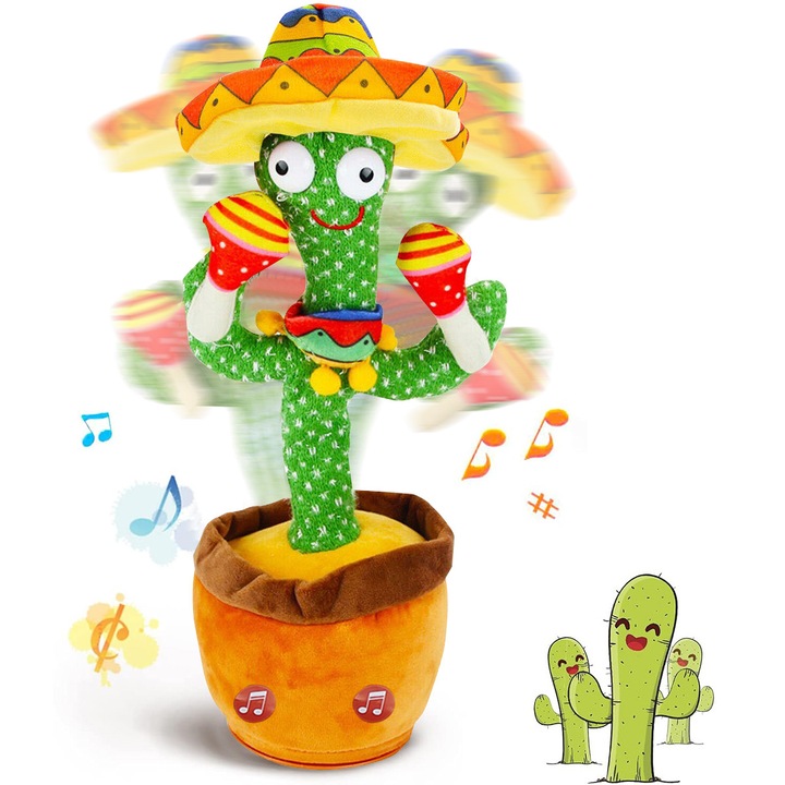 Интерактивна играчка Говорещ и Танцуващ Кактус YOUKUKE®, със 120 Мелодии, Имитация на Звуци и Светлинни Ефекти, 34 см