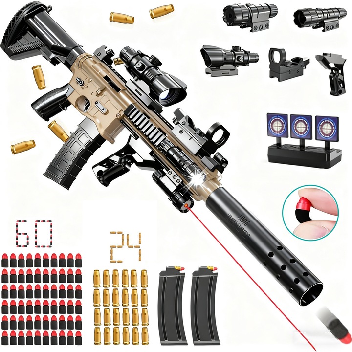 Играчка пушка с оптика YOUKUKE ®, M416 Автоматичен Реалистичен Дизайн 88 СМ, с 60 патрона, 24 изстреляни гилзи, Меки EVA гъбени куршуми, Акумулаторна батерия, Заглушител, Оптика, Обхват на стрелба 10 метра