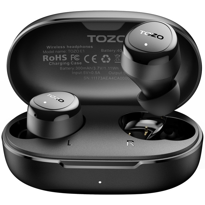 Casti Wireless Tozo E1, Bluetooth 5.3, vízálló, fekete