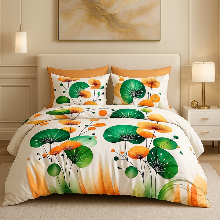 ELVO 4 részes dupla ágynemű garnitúra, lepedő 230x250 cm, paplan 200x230 cm, 2 párnahuzat 50x70 cm, Elegáns Narancssárga / Zöld