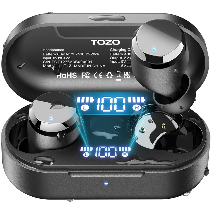Casti Bluetooth Tozo T12, fara fir, impermeabile IPX8, negru
