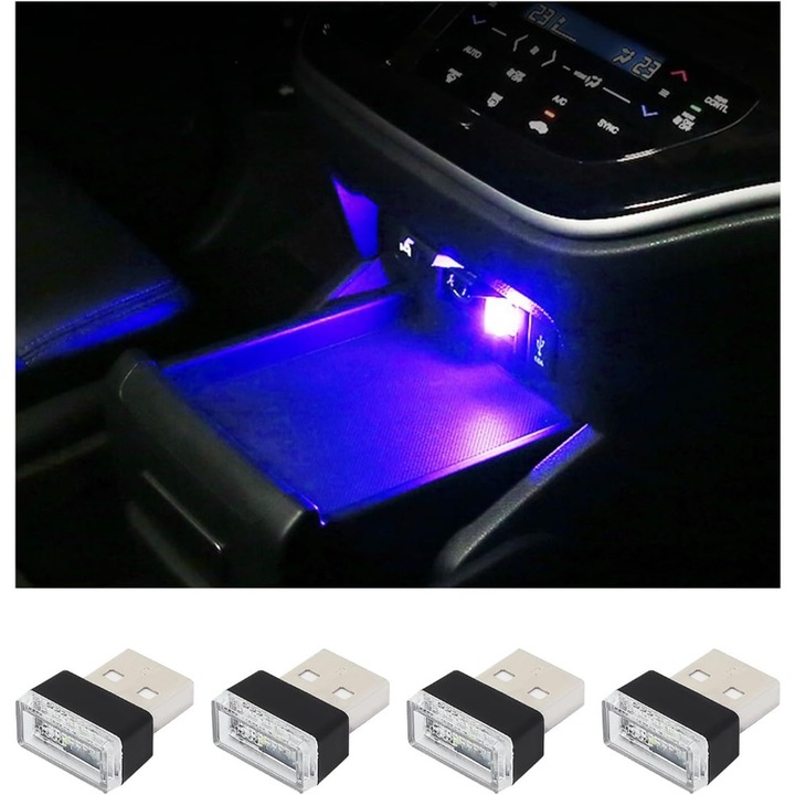 Set 4 bucati kit lumina ambientala auto, Ronyes, USB, portabil, albastru, 1,5x0,8x2cm