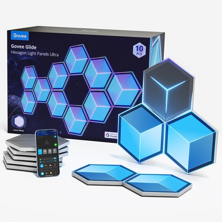 Govee Glide Hexagon Light Ultra fali lámpa, 10 panel, meteor szürke, Wi-Fi, RGBIC 3D