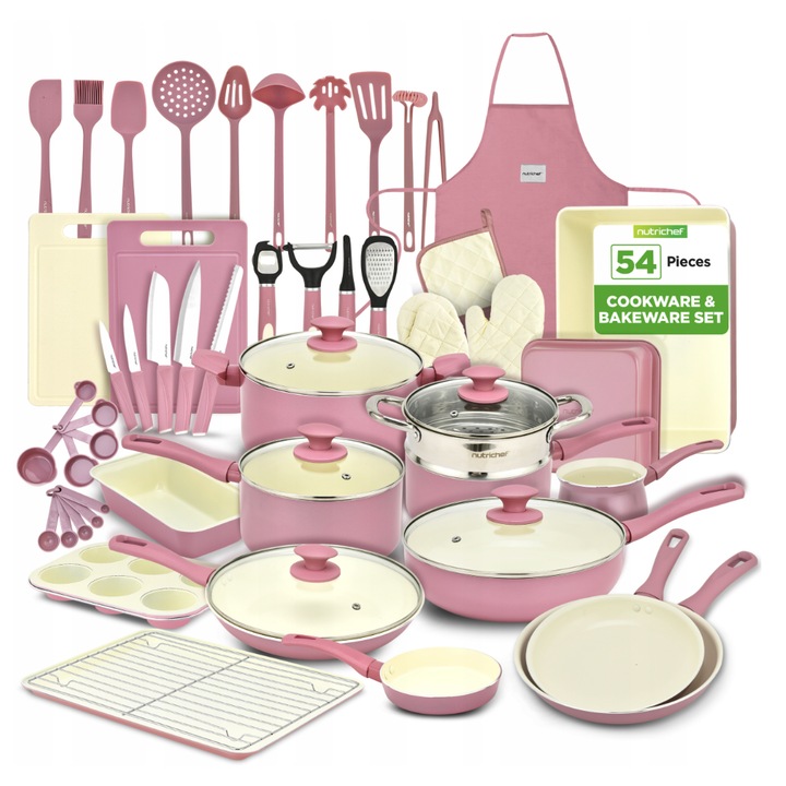 Set de vase ceramice 54 elemente, NutriChef, oale, tigai, ustensile de bucatarie, accesorii de copt, multicolor