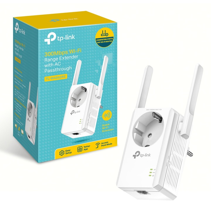 TP-LINK TL-WA860RE Wifi Jelismétlő, 300 Mbps, beépített hálózati aljzat, fehér